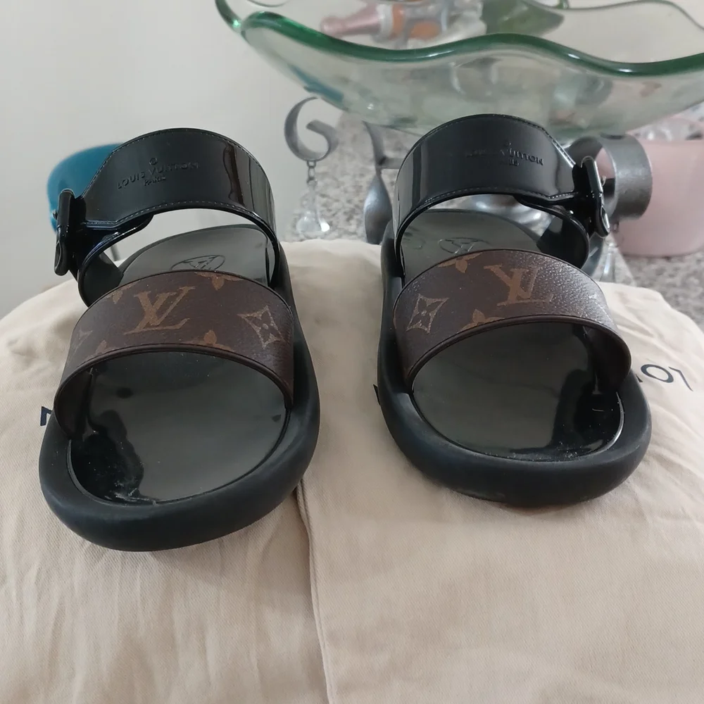 Louis Vuitton Brown Monogram & Black Patent Leather Sandals